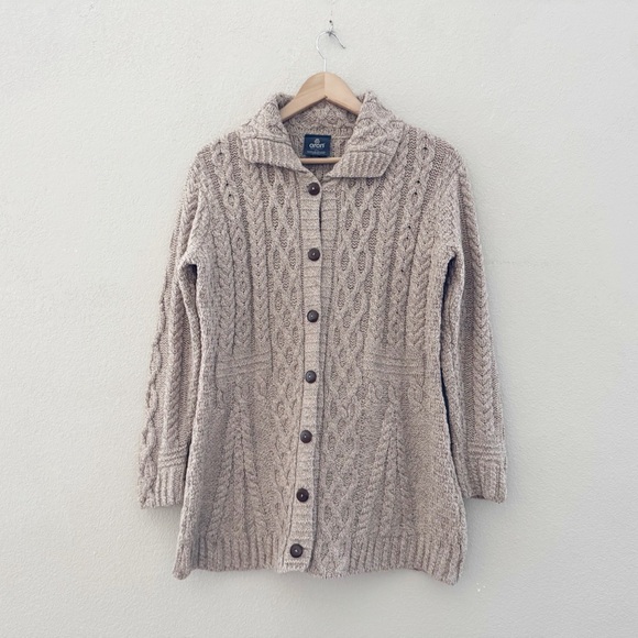 Aran Cable Knit Cardigan Sweater Womens XL Beige Collared New England Fisherman - Picture 4 of 11